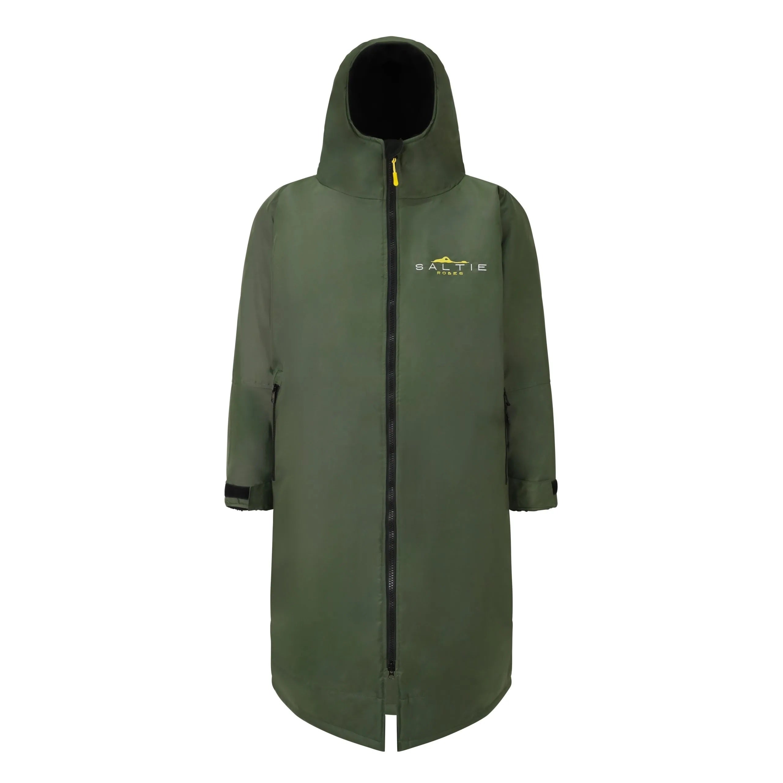 SALTIE Changing Robe in green, weather resistant, perfect for changing on the beach and made using 100% recycled materials. The SALTIE changing robe is designed keep you warm and dry during your sea swim, beach walks and all of your outdoor adventures.