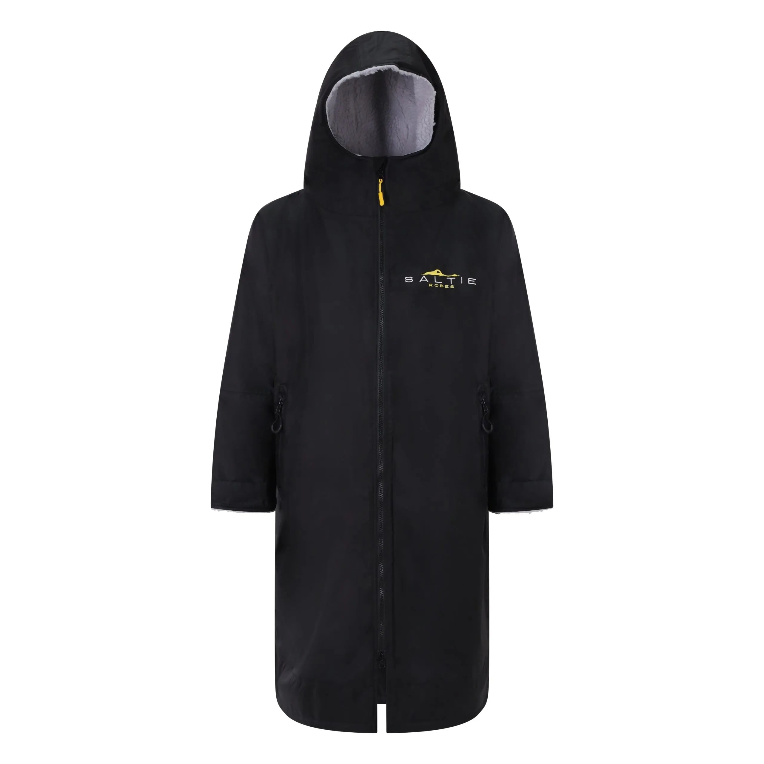 SALTIE Changing Robe in grey, weather resistant, perfect for changing on the beach and made using 100% recycled materials. The SALTIE changing robe is designed keep you warm and dry during your sea swim, beach walks and all of your outdoor adventures.
