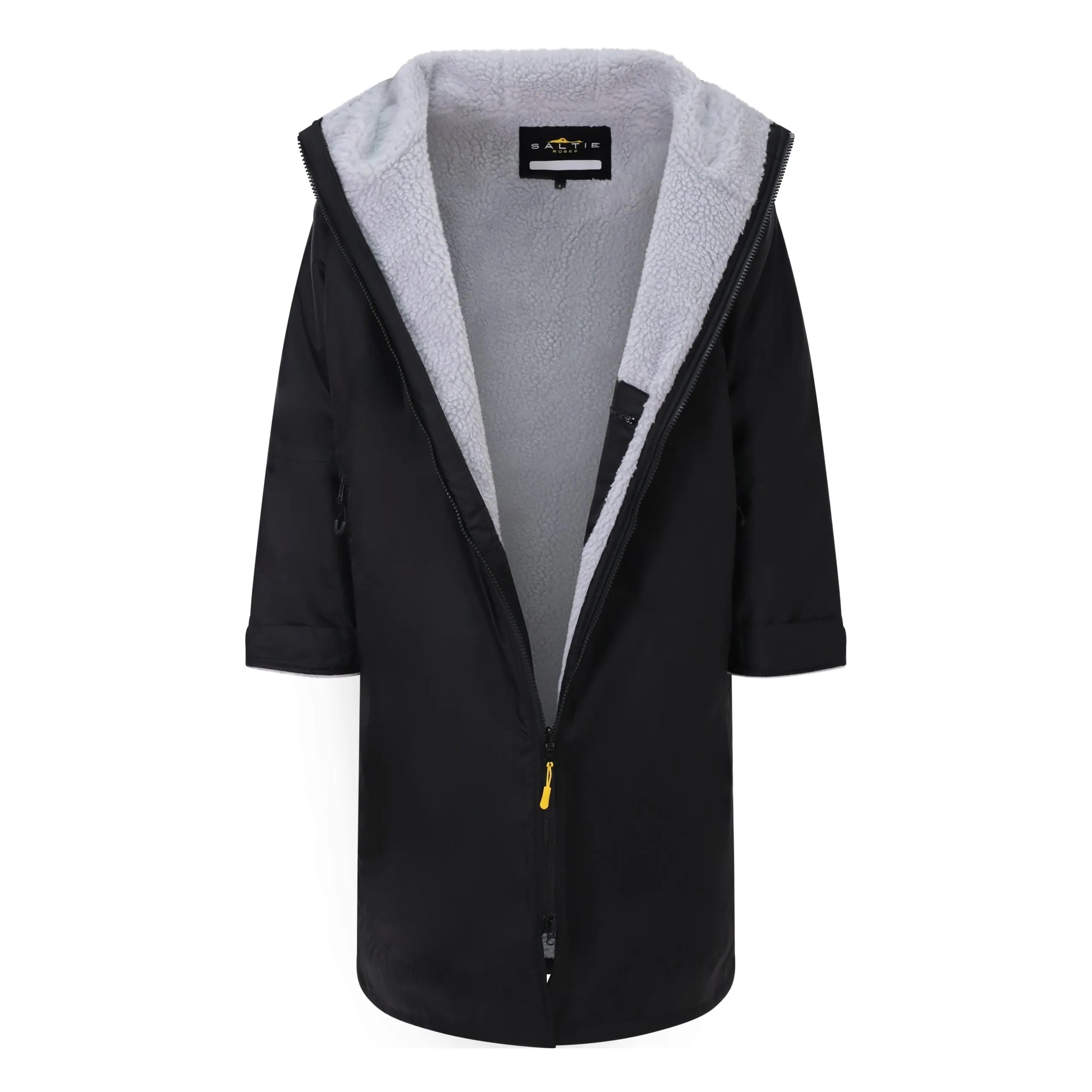 SALTIE Changing Robe in grey, weather resistant, perfect for changing on the beach and made using 100% recycled materials. The SALTIE changing robe is designed keep you warm and dry during your sea swim, beach walks and all of your outdoor adventures.