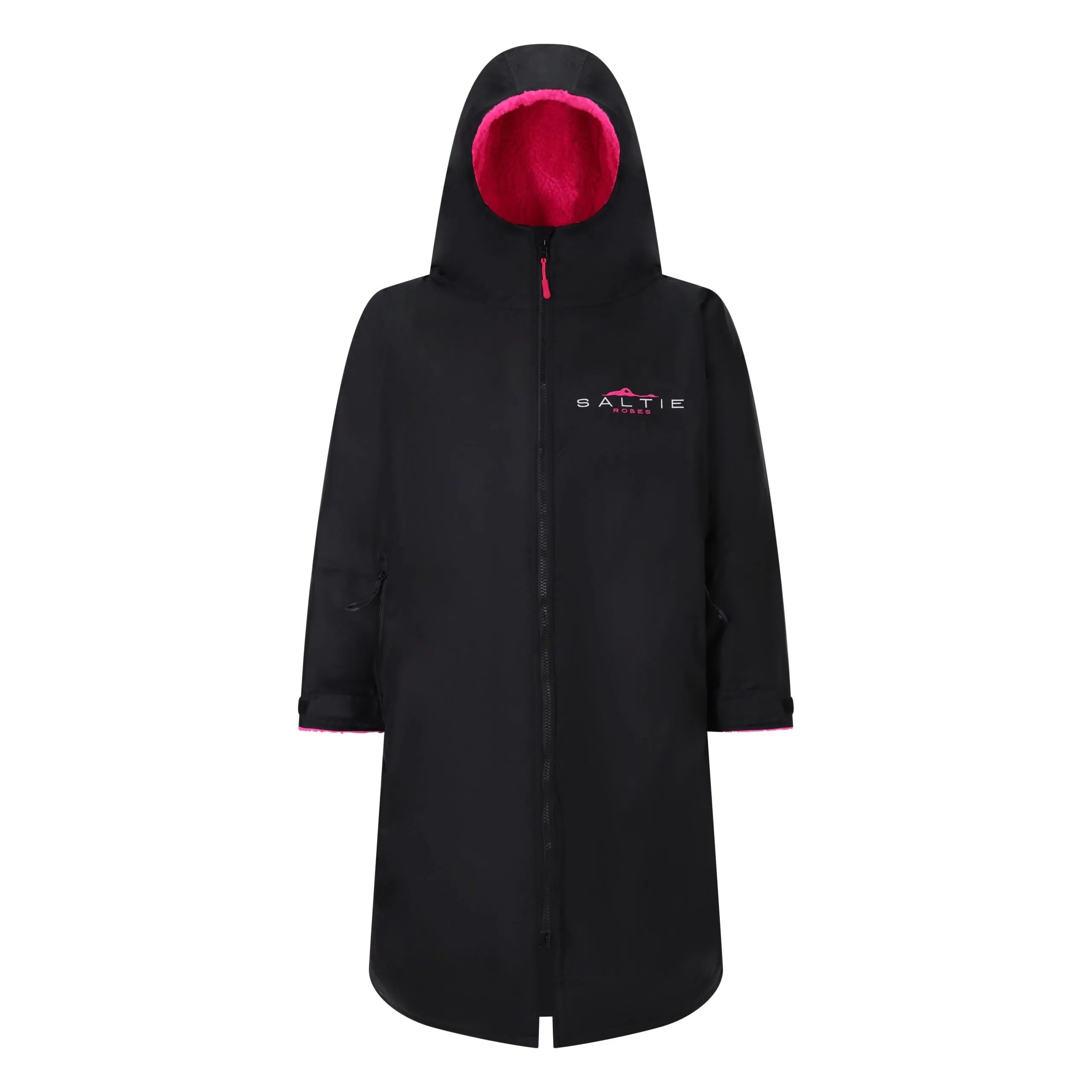SALTIE Changing Robe in pink, weather resistant, perfect for changing on the beach and made using 100% recycled materials. The SALTIE changing robe is designed keep you warm and dry during your sea swim, beach walks and all of your outdoor adventures.
