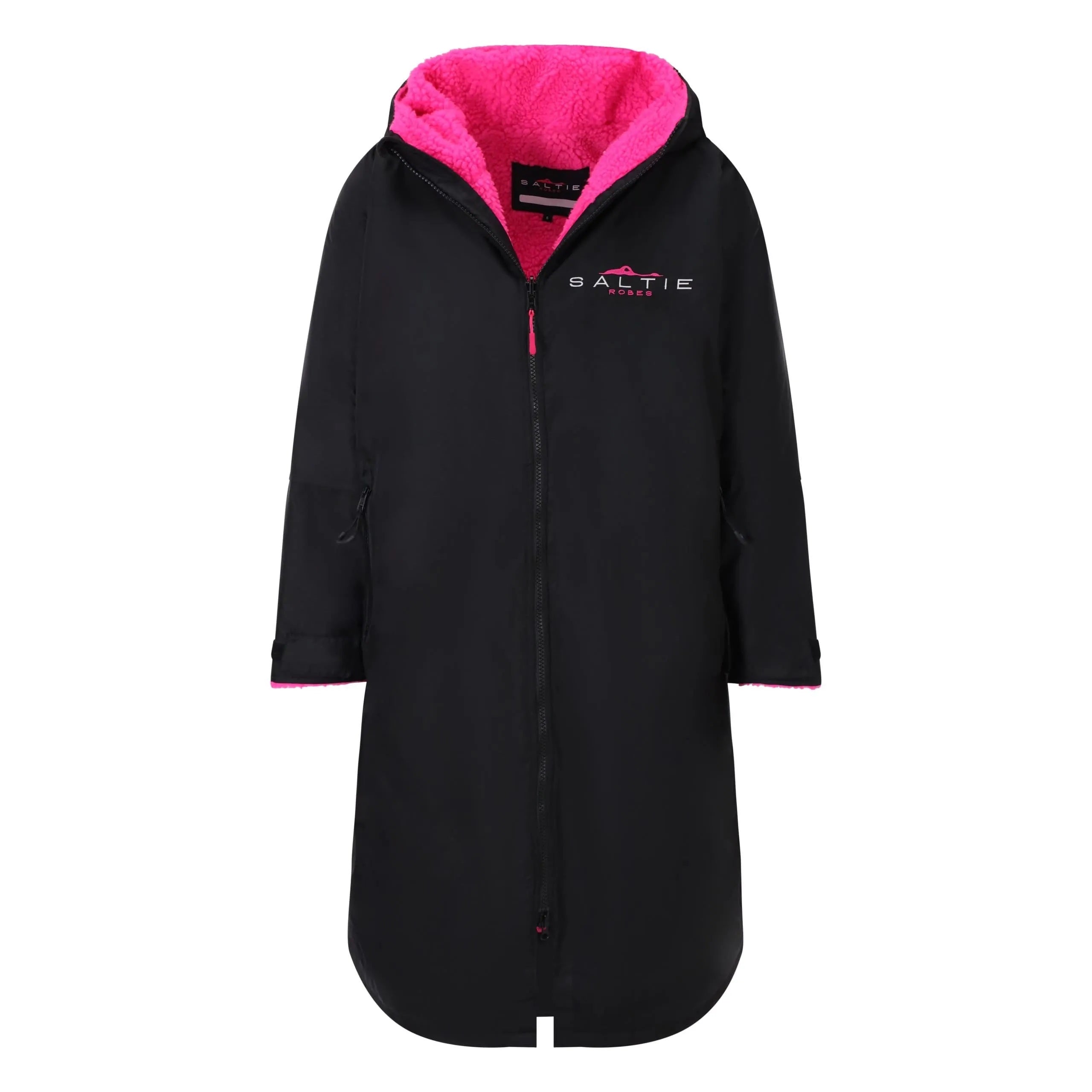 SALTIE Changing Robe in pink, weather resistant, perfect for changing on the beach and made using 100% recycled materials. The SALTIE changing robe is designed keep you warm and dry during your sea swim, beach walks and all of your outdoor adventures.